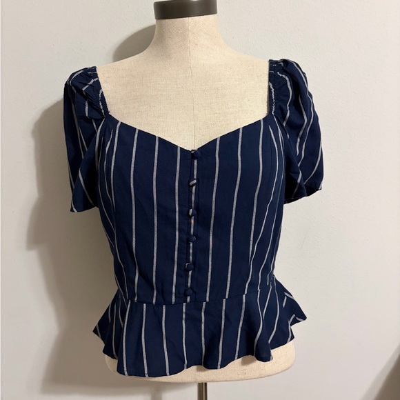 American Eagle Navy Blue Blouse Top W/ White Stripes Tulip Hem Feminine Medium - Picture 10 of 12